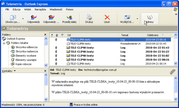 Wiadomość e-mail z systemu TELE-CLIMA: historia pomiarów temperatury i log zdarzeń